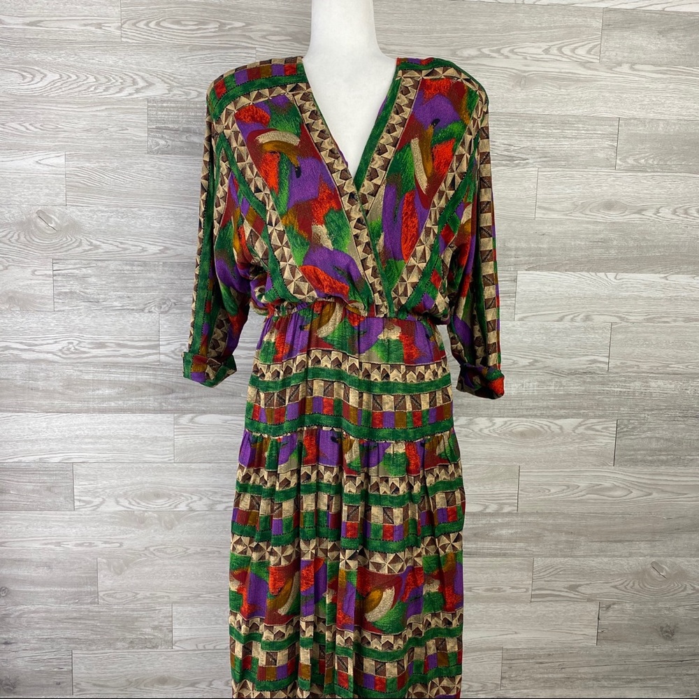 Phoebe Vintage 80s Colorful Deep Vneck Tea Dress